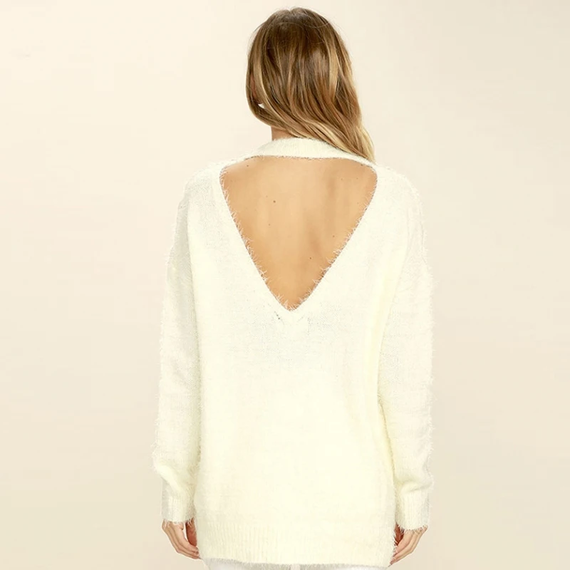 HDY Haoduoyi 2020 Fashion Sweater Women Casual Solid Beige Cut Out Back Pullovers Brief Backless Full Sleeve Slim Female | Женская