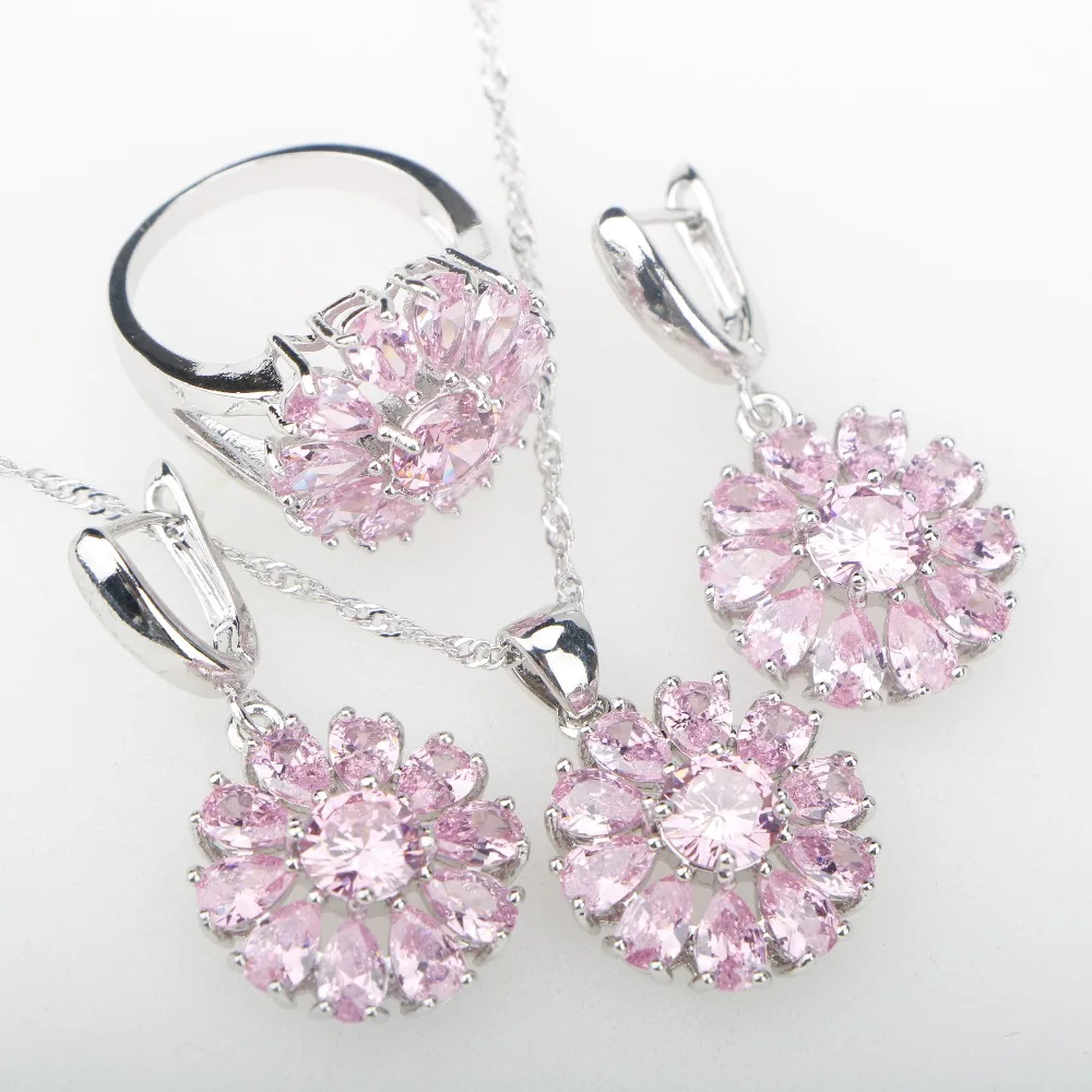 Розовый CZ серебро 925 Ювелирные Наборы украшения для женщин серьги кольца