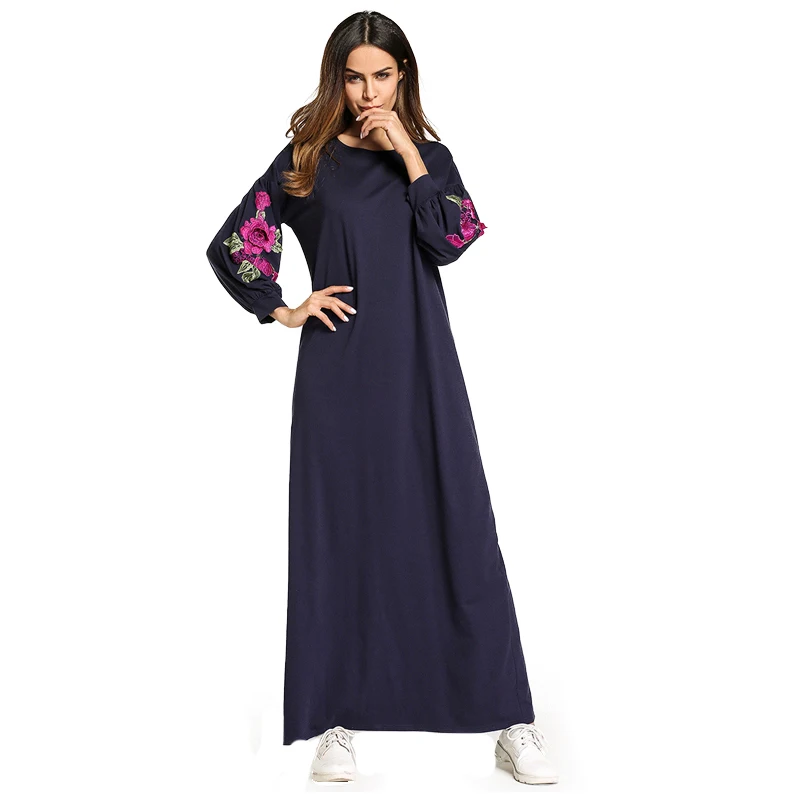 Мода мусульманских Для женщин Вышивка с длинным рукавом хиджаб Платья для макси
