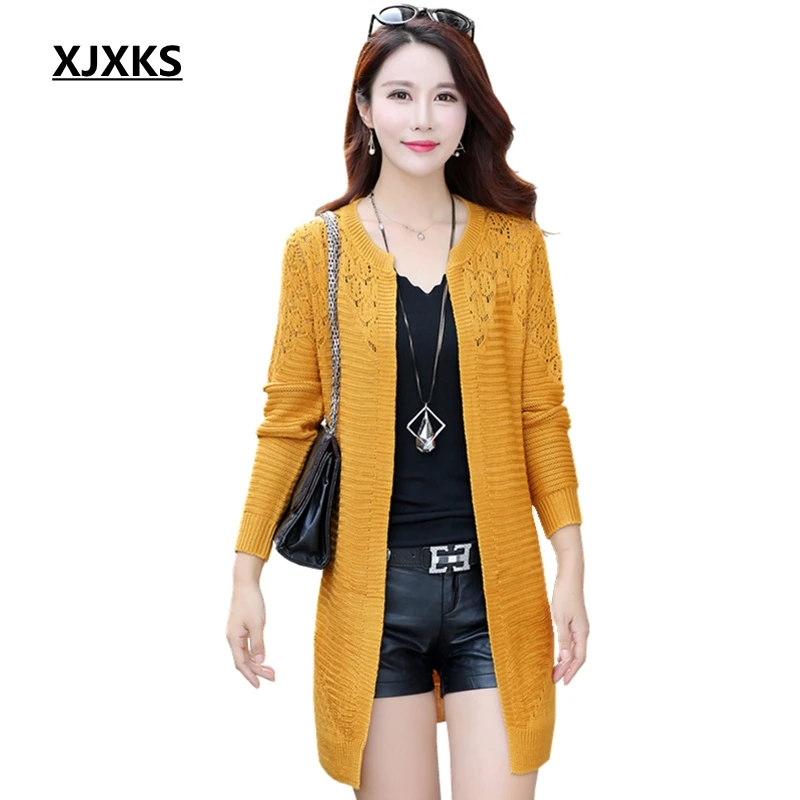 Женский длинный кардиган XJXKS трикотажный свитер с вырезами весна-осень 2017 |