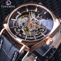 forsining 2018 black genuine leather fashion square clock men skeleton wristwatches mens automatic waterproof mechanical watch