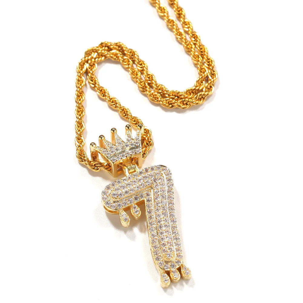 

Men Hip Hop Gold Color Digital Crown Digital Water Drop Zircon Pendant Personality Alphanumeric Custom Hip Hop Pendant