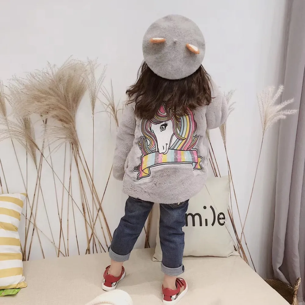 

Kids fur coat fashion embroidery unicorn baby girls coat winter girls coats high quality clothes