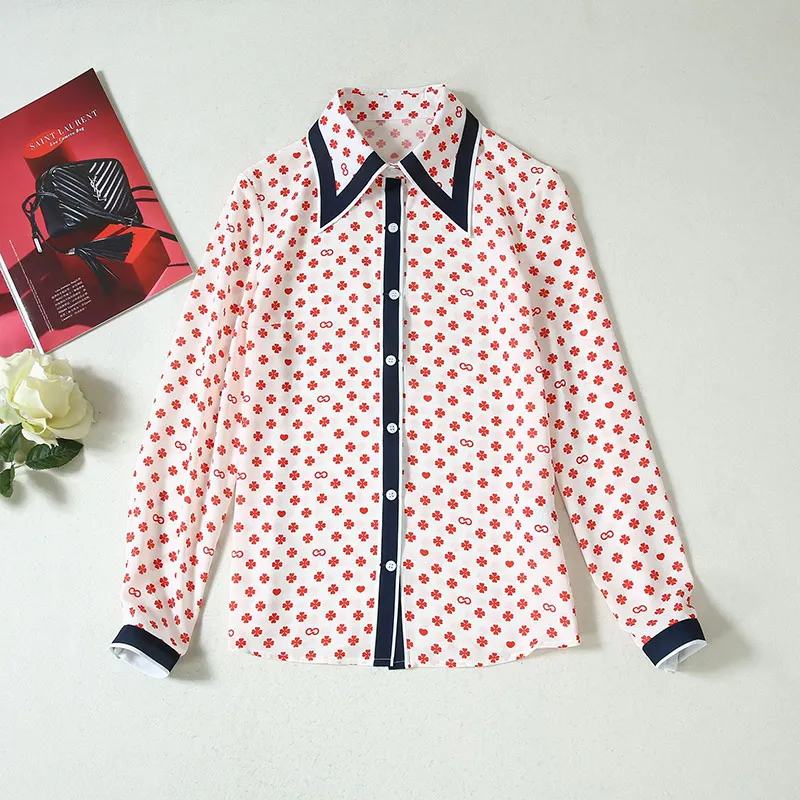 New 2019 Autumn Fashion Design Women's Stars Long Sleeve Chiffon Print Shirt + Half Skirt Set |