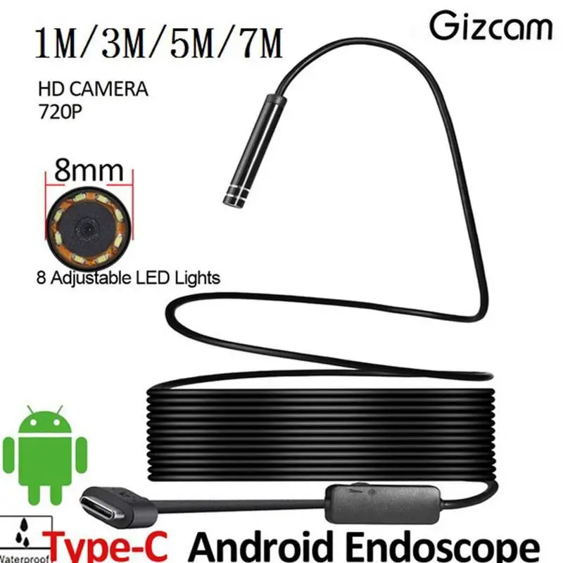 Профессиональный Водонепроницаемый эндоскоп Gizcam 8 мм 2 МП светодиодов 1/3/5/7 м USB Type