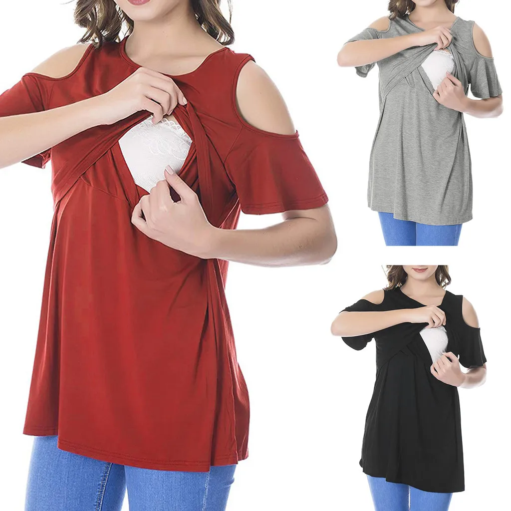 

LONSANT Maternity Mom off shoulder Straps T-shirt Solid layered Nursing Breastfeeding Tops summer Pregnancy Women clothes