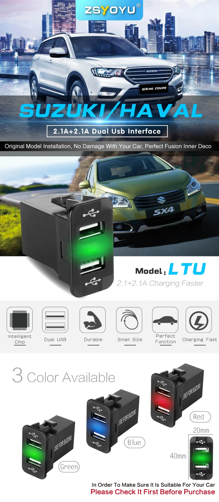 Прямые продажи, зарядное устройство USB Voiture, 12, 24 В, светодиодный, быстрый, автомобильный, USB разъем, зарядное устройство для Suzuki sx4, Carregador De Delular, 5 В, 2,1+ А, вход