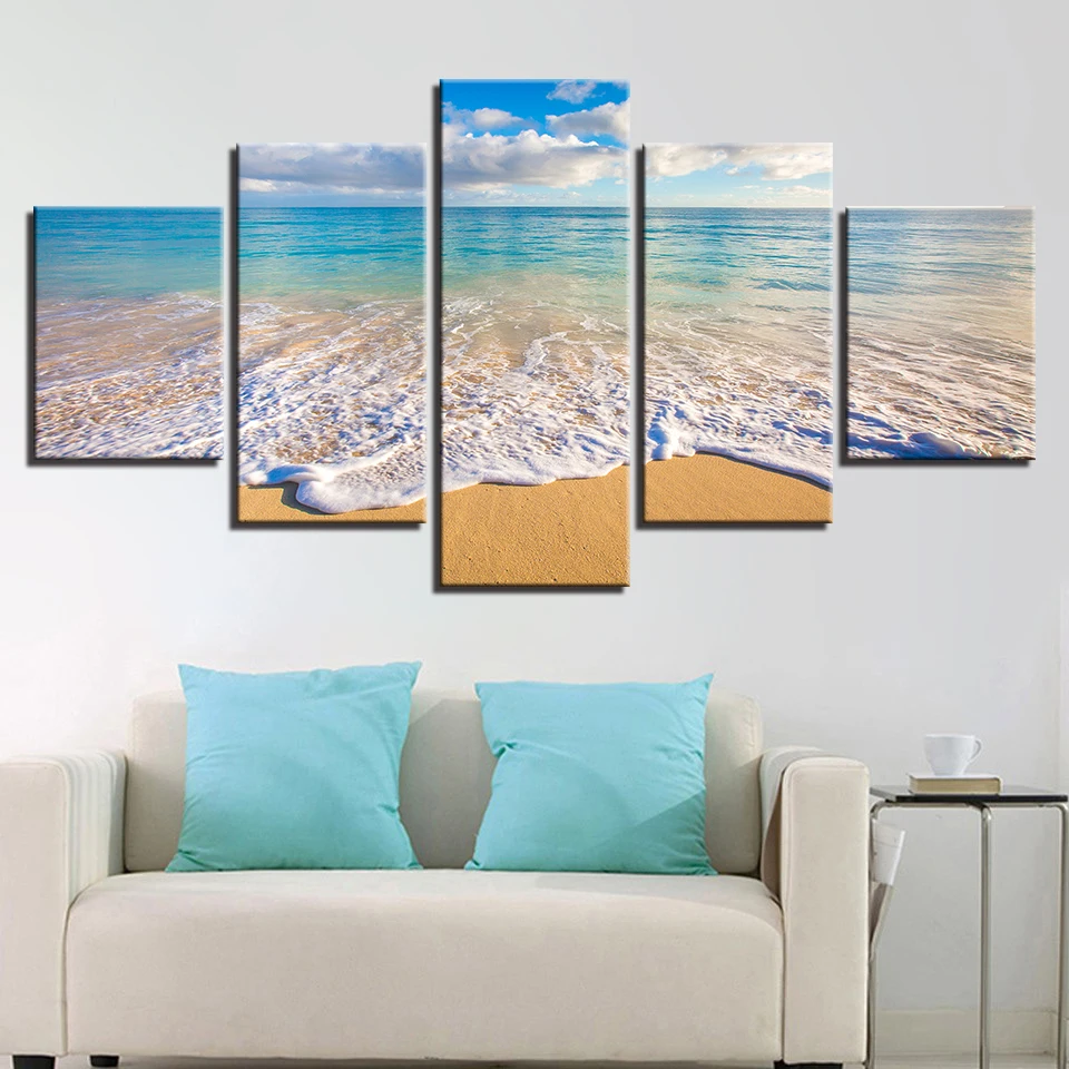 

Wall Art HD Printed Canvas Picture 5 Pieces Blue Sky White Cloud Beautiful Seascape Painting Modular Decor Living Room Framework