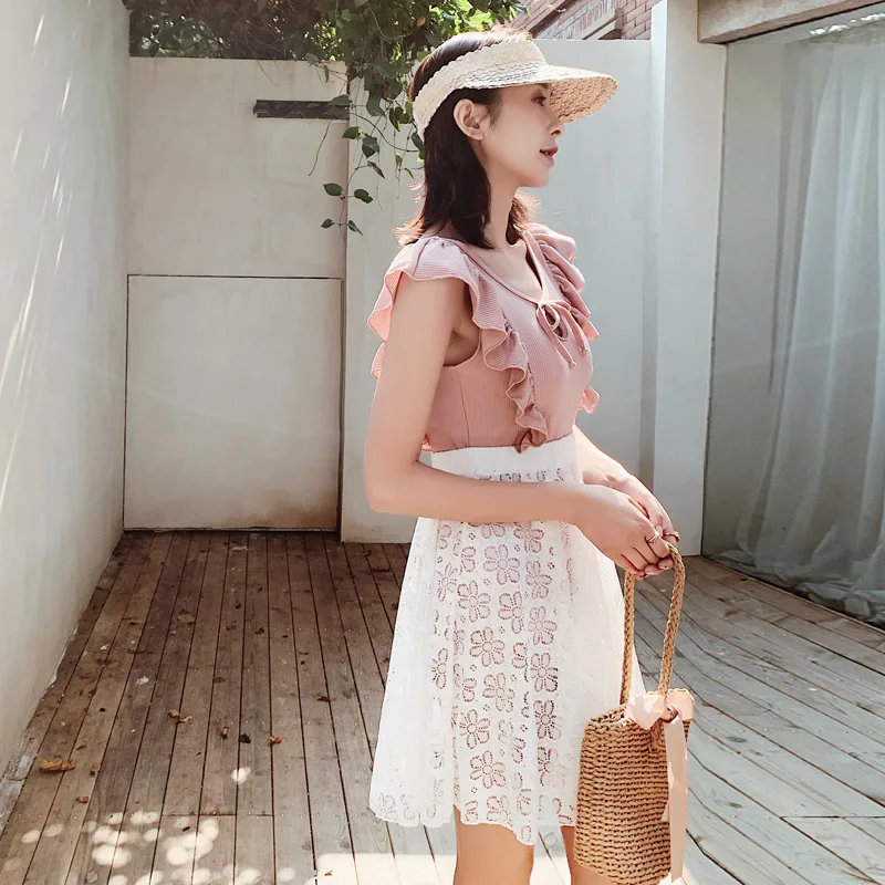 Женский слитный купальник с оборками привлекательная розовая пляжная юбка в