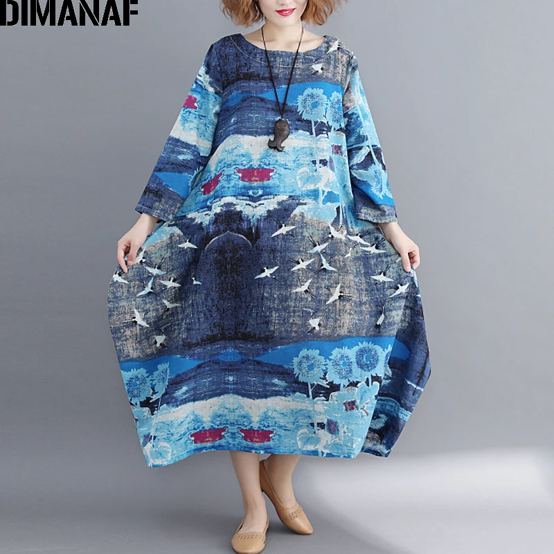 Фото Женское льняное платье DIMANAF с длинным рукавом и винтажным принтом осеннее Женское льняное платье DIMANAF с длинным рукавом и винтажным принтом осеннее