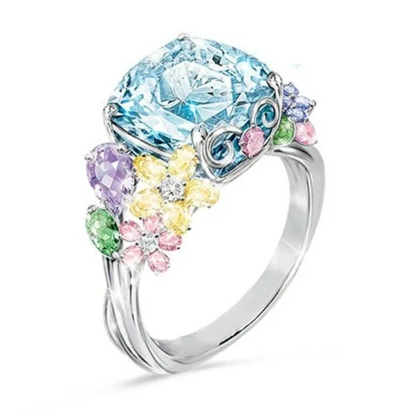AQUAMARINE Изысканное романтическое винтажное серебрянное кольцо для женщин цветная лепестка, цветок с квадратным вырезом лазурный циркон кольцо белого золота - Цвет основного камня: AQUAMARINE
