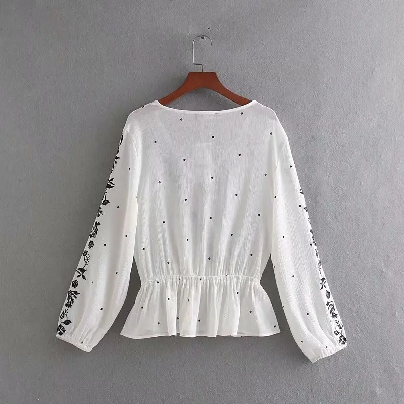 Женская винтажная блузка с v-образным вырезом и цветочной вышивкой Повседневная