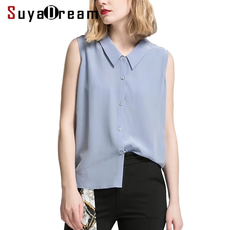 Women Silk Shirt 100%Real silk Sleeveless Solid Button T shirt 2019 Summer New Top Office lady Slate Blue | Женская одежда