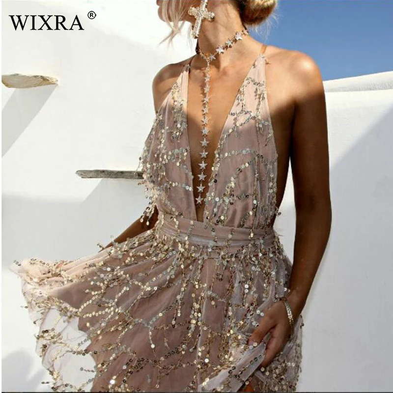 Женское вечернее платье Wixra мини с глубоким вырезом и открытой спинкой расшитое
