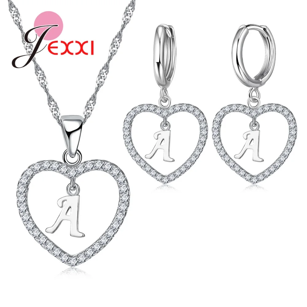 

Letter A to Z Heart Shape Pendant Necklace Earrings Sets For Wedding Engagement Jewelry Real 925 Sterling Silver Jewelry