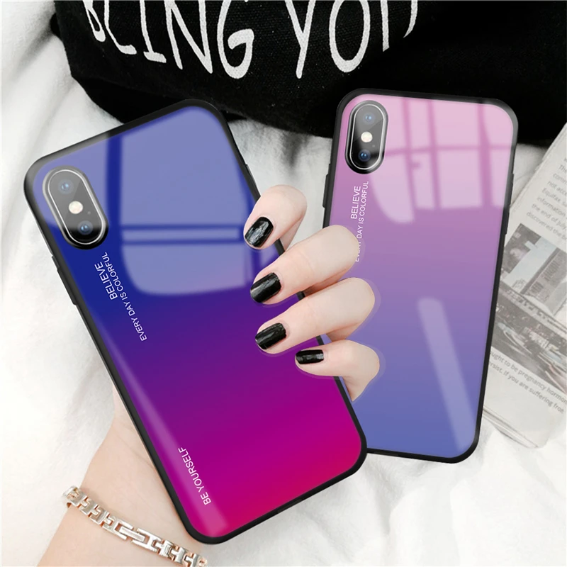 KEYSION чехол из закаленного стекла для iPhone XS Max XR X 8 7 градиентный цвет синий луч