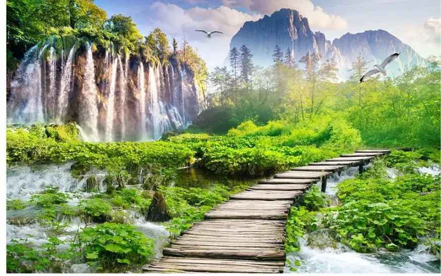 3d стереоскопические обои пейзаж водопад сад фон стены картина деревянный птичий