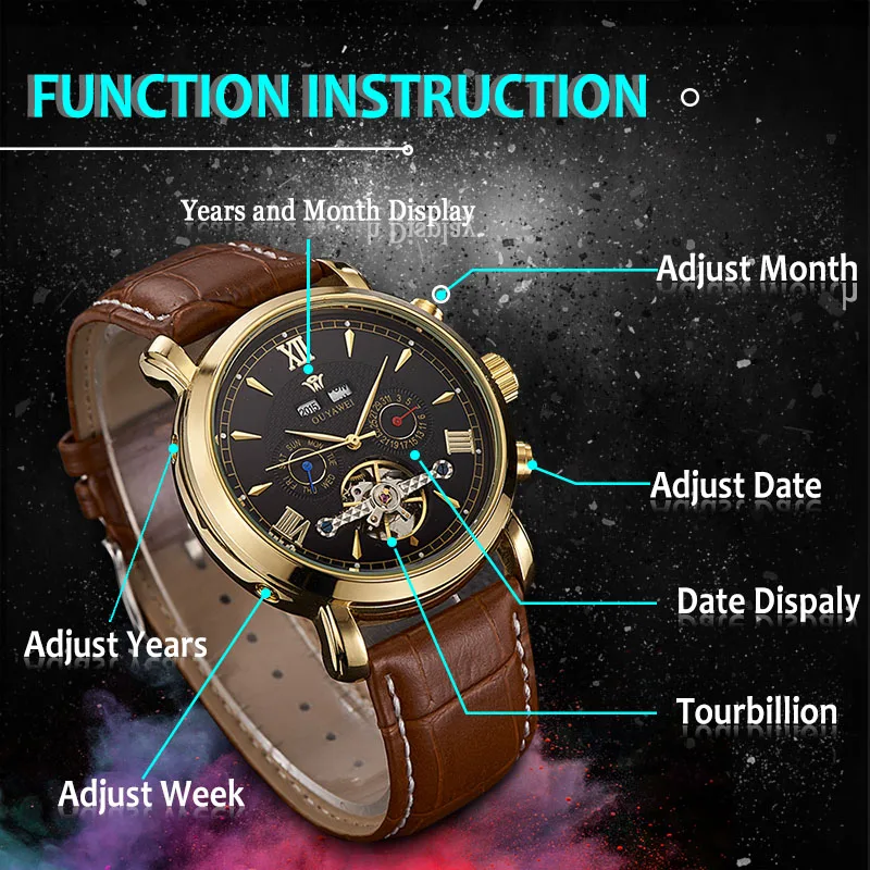 OUYAWEI Скелет механические часы Роскошные мужские черные Tourbillon бизнес бренд Кожа