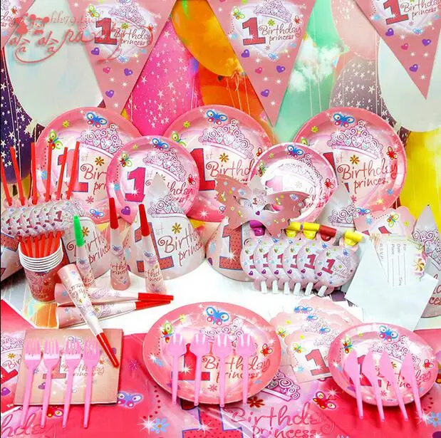 

Pink Girl/ Blue Boy 63pcs/lot "1st Birthday" Boy's Party Decoration Set/ Supplies For Kids 6 People Suitable