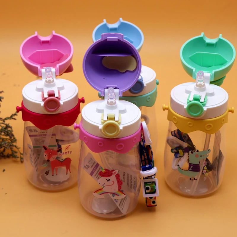 Kids Water Bottle with Straw Unicorn Owl Children's Plastic Strap Drinking Bottles Leakproof Travel Essential Sippy BPA Free | Дом и сад