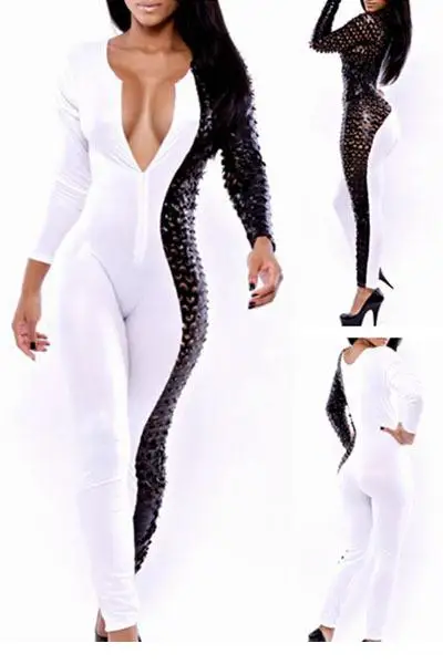 Sexy club wear bodysuit for women Leatherette Fishnet Patchwork Black White Long sleeve bodycon Jumpsuits and rompers LC6885|bodysuit