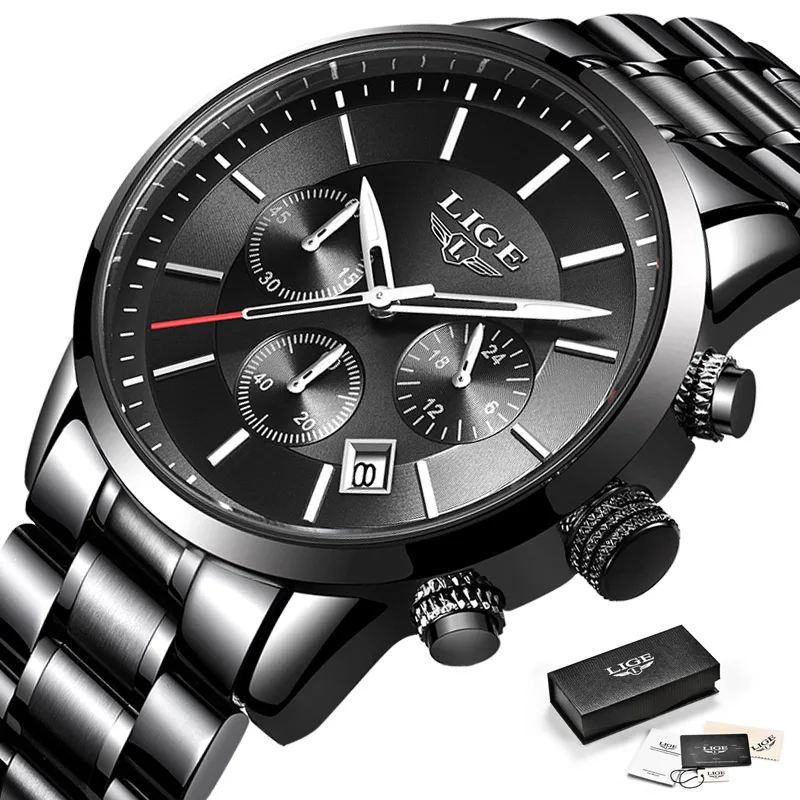 Black silver 2019LIGE новые модные мужские часы лучший бренд класса люкс кварцевые часы с хронографом Бизнес водонепроницаемые часы для мужчин Relogio Masculino - Цвет: Black silver