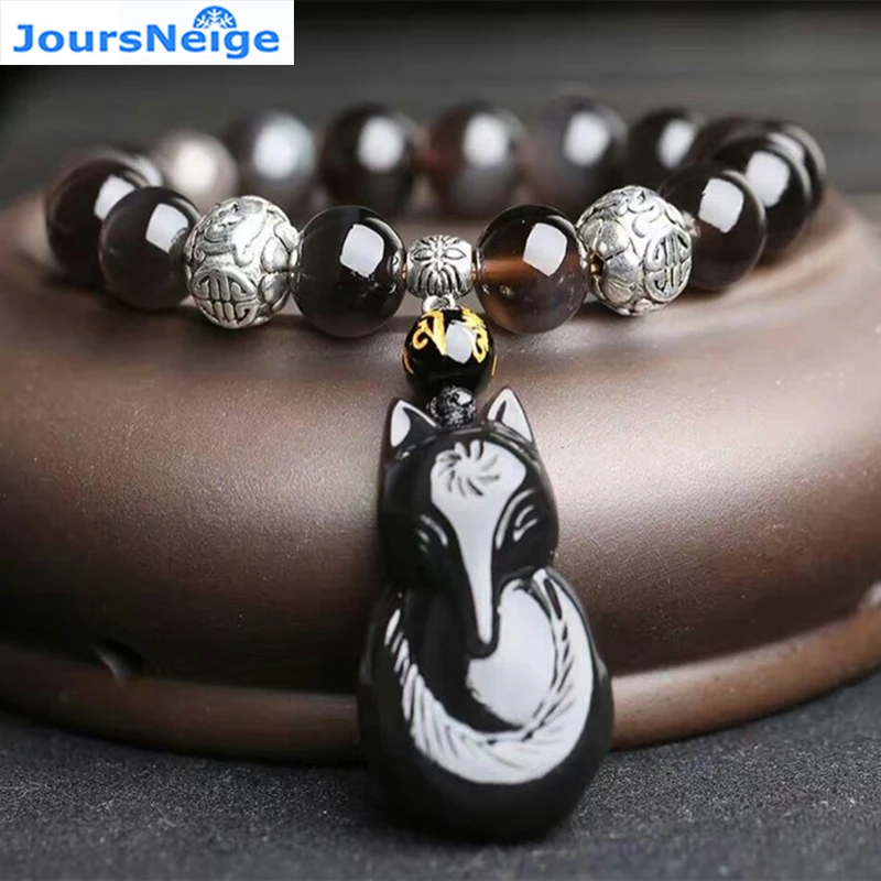 Подвеска из натурального обсидиана 10 мм с круглыми бусинами|bracelet lucky|bracelet 10mmbracelet