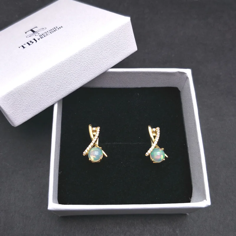 TBJ новая застежка серьги с натуральный Эфиопский Опал Круглый 6 мм 1.6ct драгоценный
