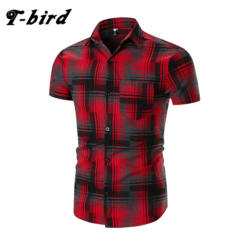 T-bird 2018 Men Dress Shirts Short Sleeve Striped Plaid Shirt Mens Hawaii Casual Brands Summer Slim Tops XXL | Мужская одежда