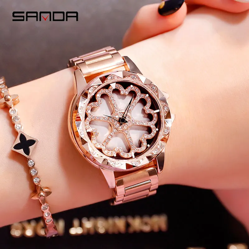 SANDA Draai Dial Horloge Vrouwen Роскошные Кристальные дамские часы 30 м водостойкие Япония 2035