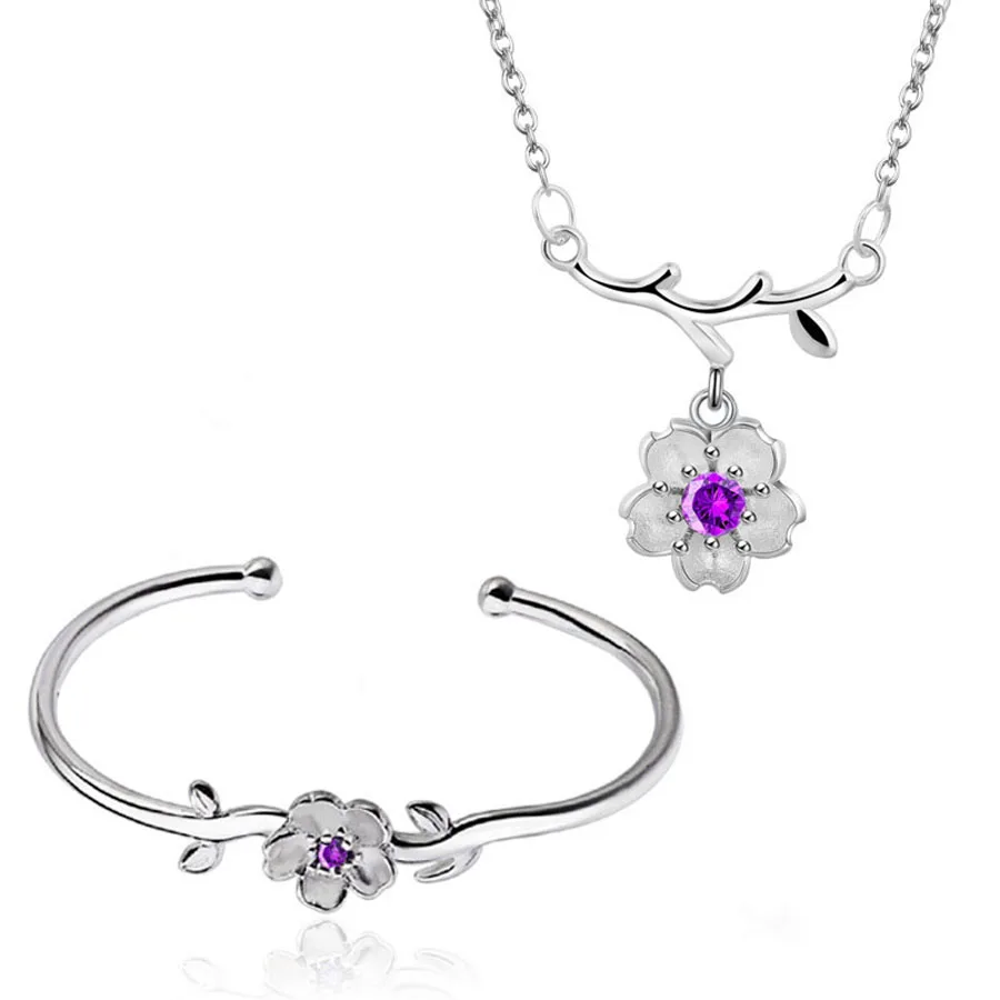 Fashion Jewelry Sets Net Red Cherry Blossoms Pendant Necklace Bracelet Flower Anti Allergy Bangle For Women Girl Gift | Украшения и