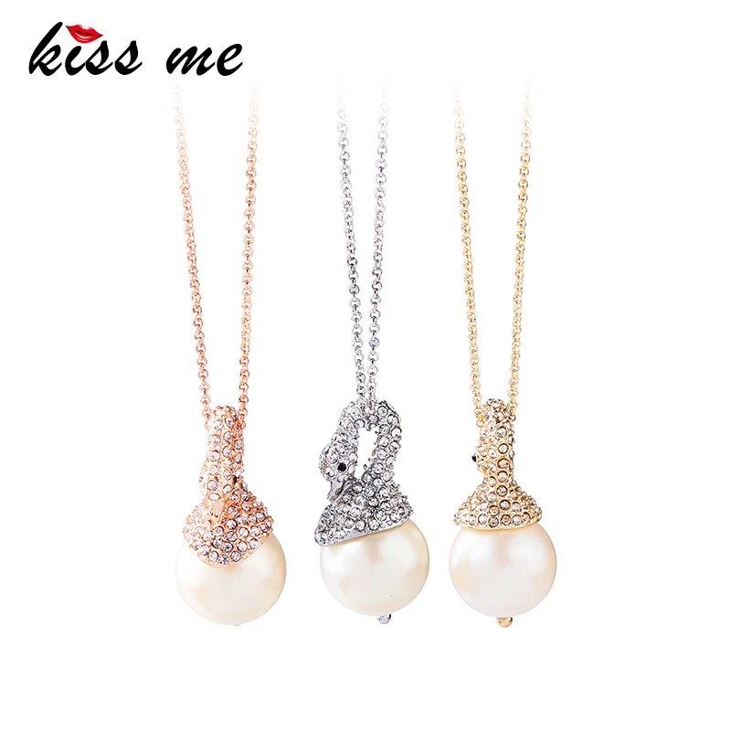 KISS ME 3 Colors Swan Rhinestone Imitation Pearl Pendant Necklace Fashion Jewelry Chic Simple Women Bijoux