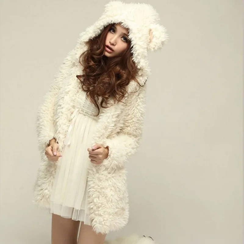 Новый осень-зима теплые Для женщин пальто с капюшоном куртка Мишка кроличьи уши