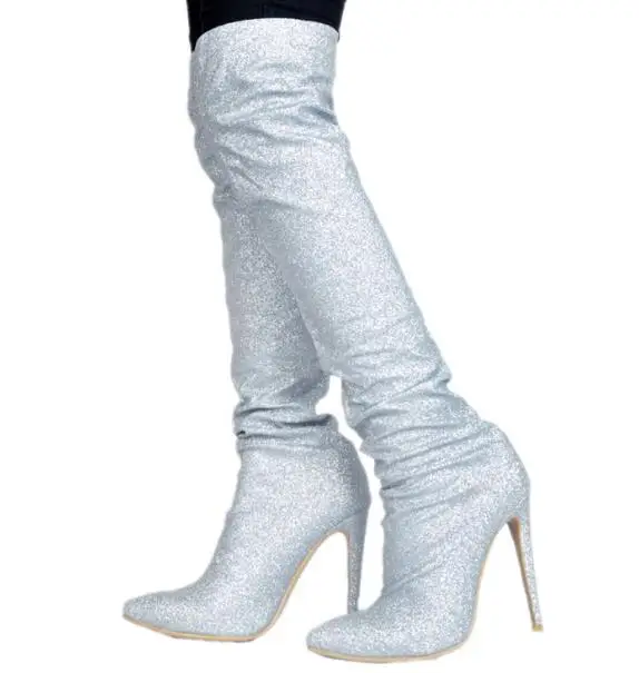 

Hot Selling Winter Brand Woman Sliver Sequined Cloth Bling Bling Crystal Diamond Pointed Toe Over The Knee Thigh Long Boots Lady