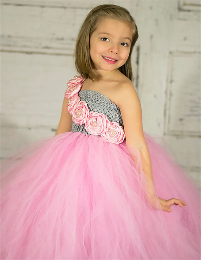 Cute Girls Grey Tulle Dress Kids Crochet Corset Long Tutu with Rose Flowers Children Wedding Party Costume Banquet Dresses | Детская