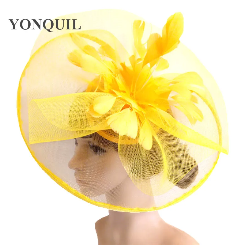 Украшенный желтыми перьями цветком Fascinator свадебные заколки для волос и ободки