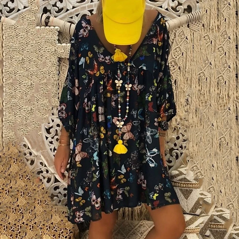 Летние платья Boho свободные v-образным вырезом с принтом Vestidos длинным рукавом