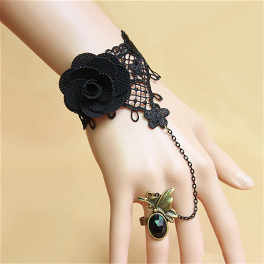 Vintage Charm Steampunk Black White Lace bracelet Retro Gothic Rose Flower Finger Hand Chain Harness bangles | Тематическая одежда