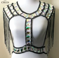 black gem bead crop top chain rave bra black chain shoulder necklace ibiza sonar wear edm outfit body jewelry chain tank tops