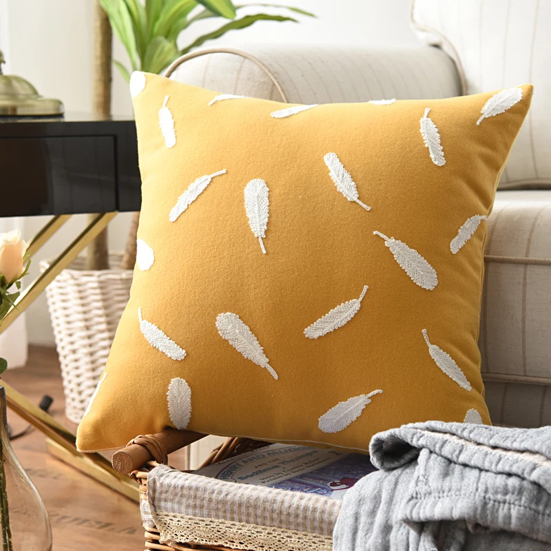 

DUNXDECO Cushion Cover Decorative Pillow Case Modern Simple Feather Embroidery Yellow Coussin Home Office Sofa Chair Deco