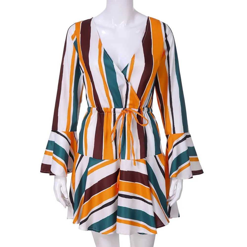 Платья пляжное платье с длинным рукавом Для женщин 2018 мини Расклешенным v