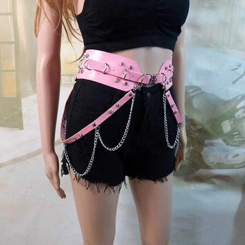 Кожаный ремень для женщин брендовый в стиле панк Рок хип хоп с кольцом и цепочкой