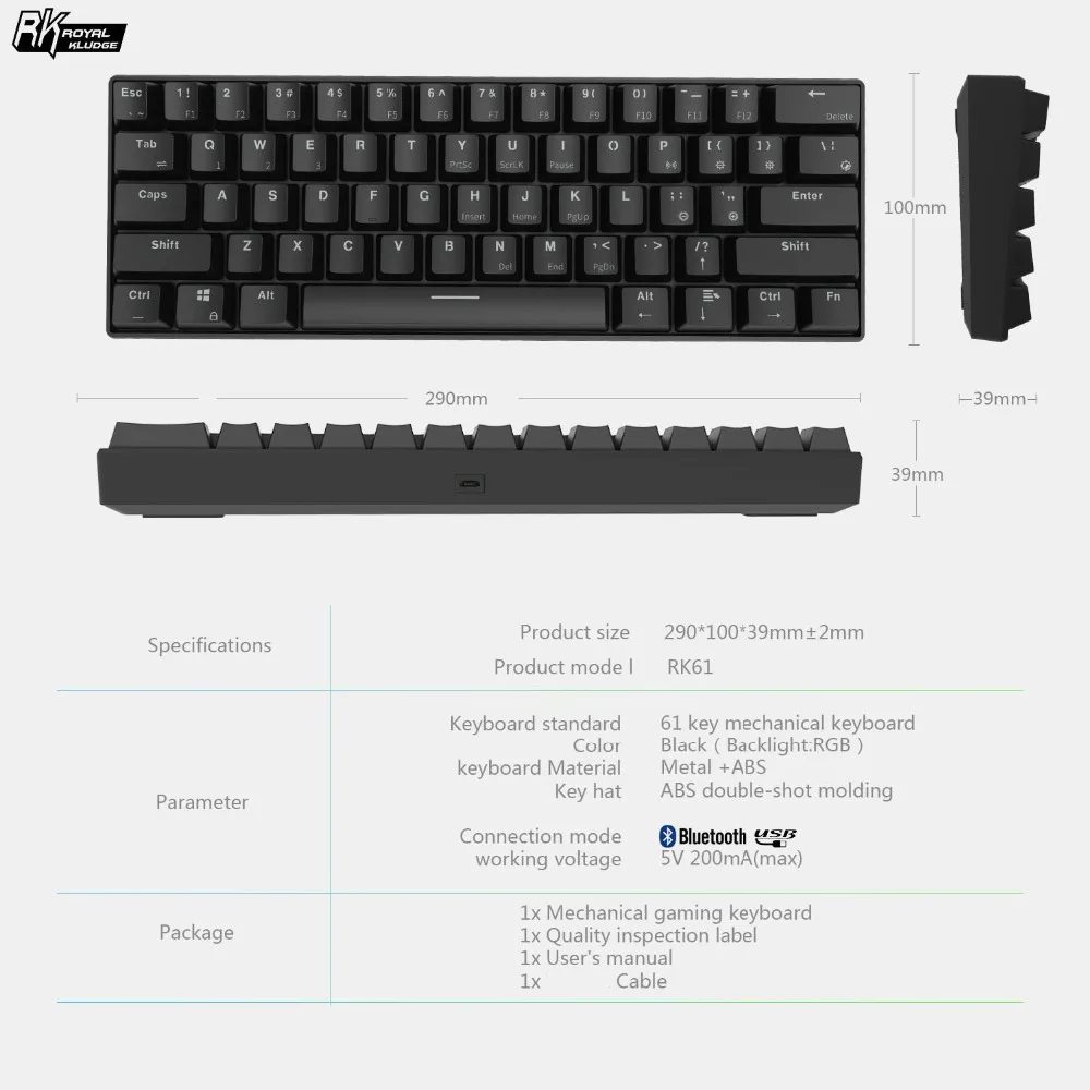 RGB Cherry mx коричневый синий красный 61 Ключи RK61 Bluetooth Беспроводная механическая клавиатура с подсветкой покерная раскладка игровая клавиатура