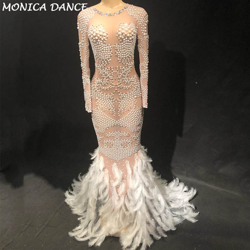 

Women Sexy Stage Net Yarn Bling Long Dress Sparkling Crystals Pearl White Feather Tail Fashion Show Nightclub Party Birthday