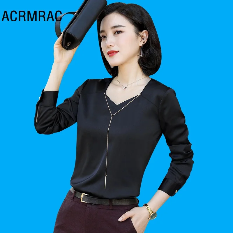 Женская рубашка тонкая Осенняя однотонная длинный рукав OL Блузки в деловом стиле