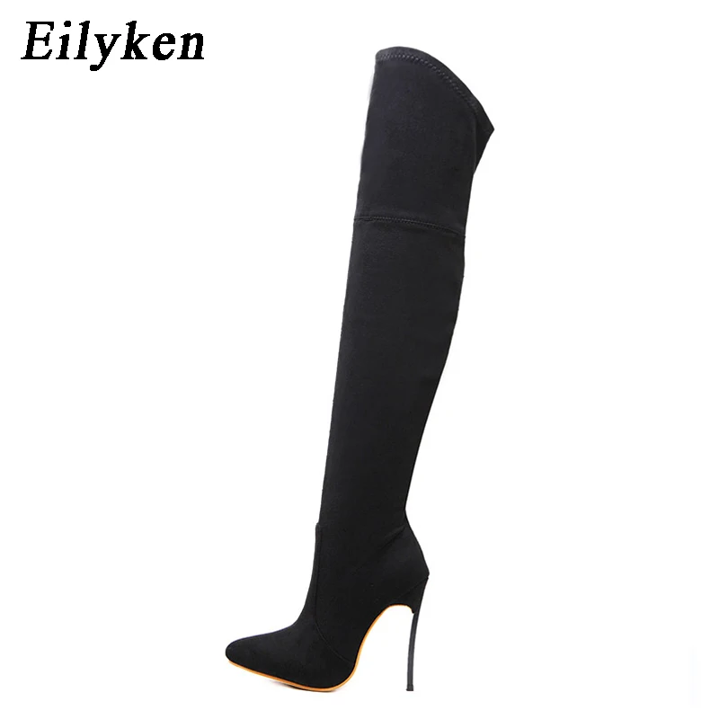 Eilyken; коллекция года; зимние женские сапоги; высокие сапоги до бедра из эластичной ткани; модные сапоги выше колена; обувь на высоком каблуке; женская прошитая обувь