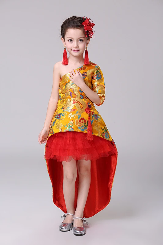 Китайские традиционные дети Cheongsam девушки детей желтый со шлейфом принцесса цветы Qipao на день рождения и свадьбу Oriental Платья для вечеринок