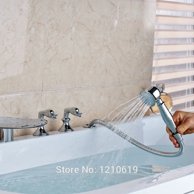 Newly Modern Style Bathtub Faucet w/ Handheld Shower Deck Mount Chrome Tub Mixer Tap Three Handles | Обустройство дома