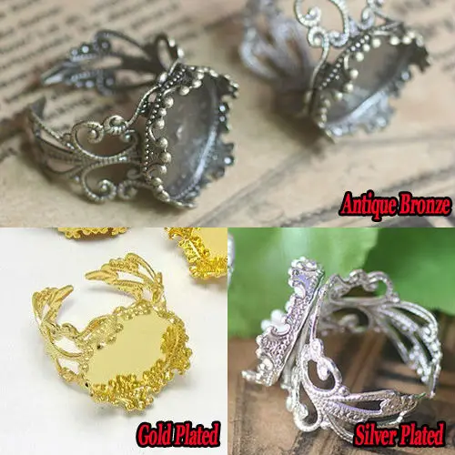 10pcs 15mm/20MM  Antique Bronze/Gold Plated / Silver-Plated Ring Blank Base Crown edge,Adjustable DIY Ring Cameo Cabochons Tray