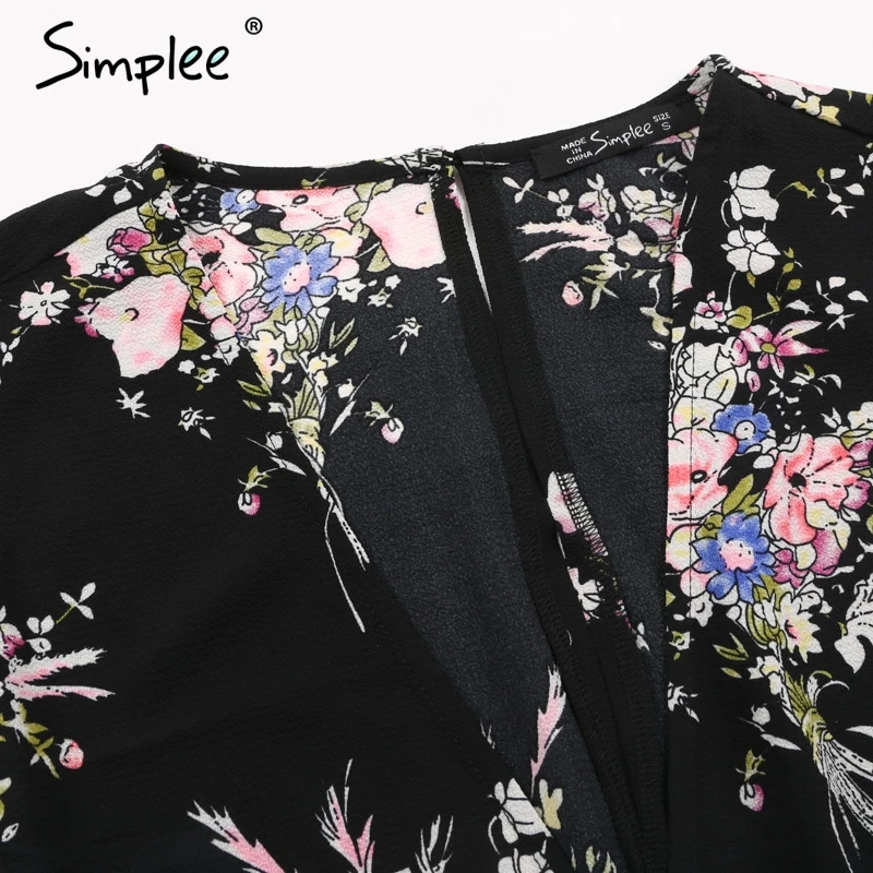 Simplee Vintage floral print boho jumpsuit romper V neck short sleeve casual Long sash summer women overalls | Женская одежда